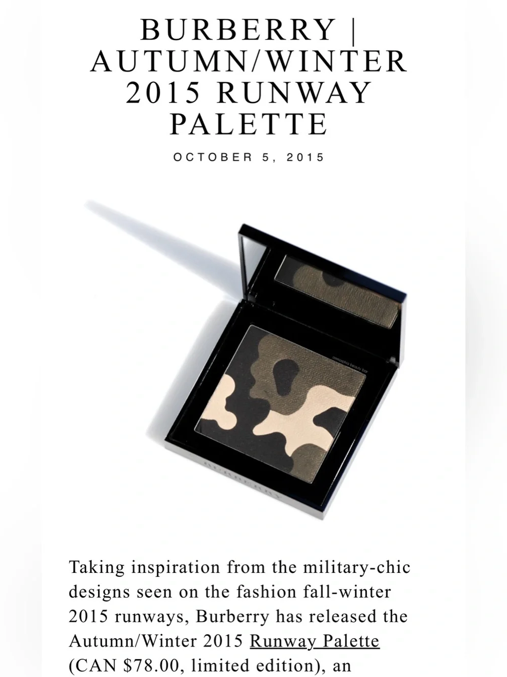 NIB Burberry Runway Palette Autumn/Winter 2015 Eyeshadow Camouflage LE UNOPENED